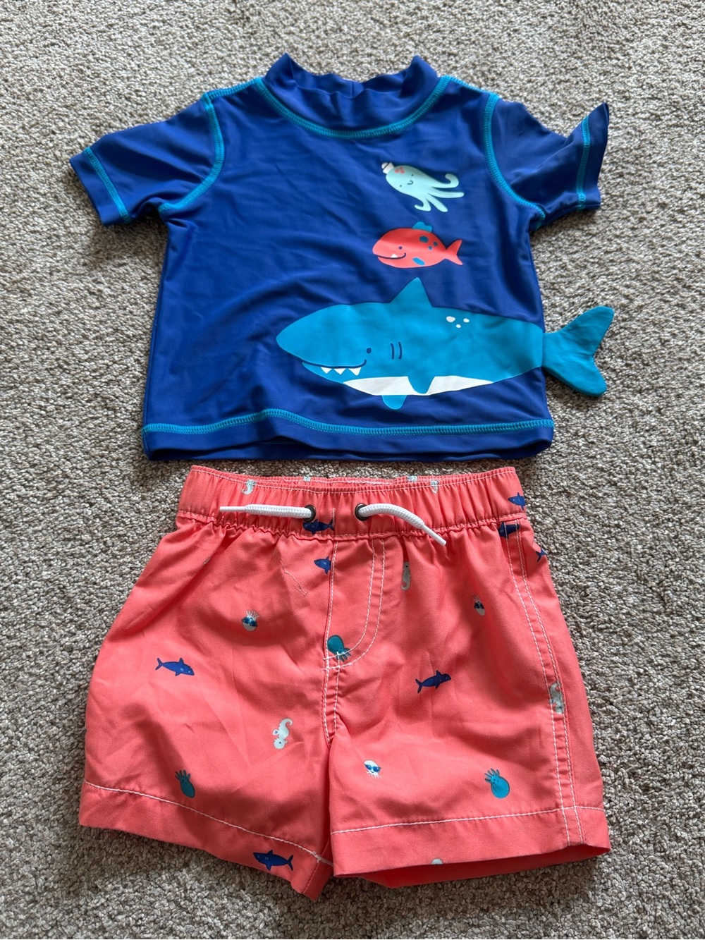 Carter's Navy Blue Shark Rashguard with Coral Swim Shorts